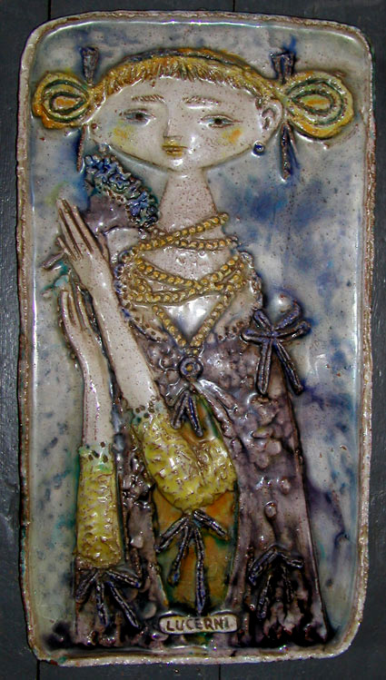 Ugo Lucerni glazed terracotta plaque Violetta