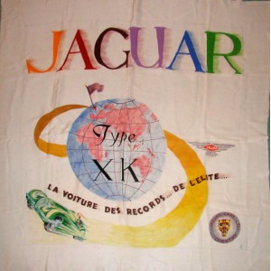 rare handpainted Jaguar XK artwork on silk, c.1950's