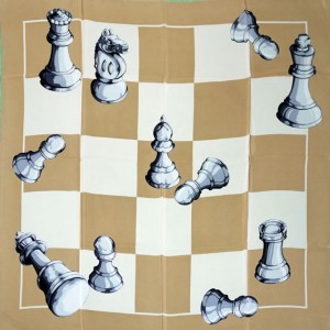 Chess pieces, unusual silk crepe scarf, vintage