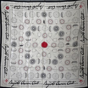 BUGATTI owners club 75 anniversary silk scarf, Beckford Silk label